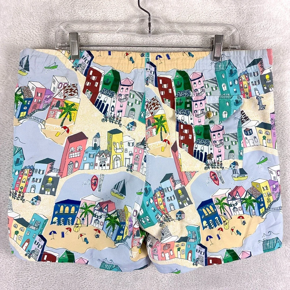 Bather Swim Trunks Mens M (L/XL) Multicolor Beach Scene Drawstring Preppy Summer